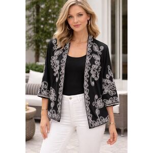 Once Again L Black open front knit decorative embroidered jacket/cover/kimono